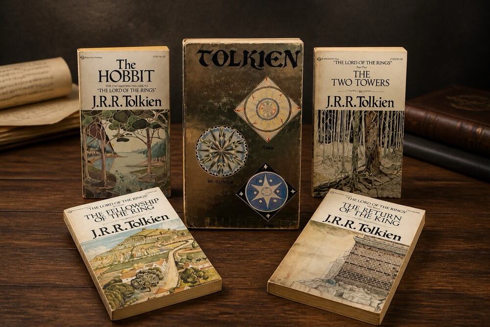 Vintage Gold Foil Book Set JRR Tolkien 1975 Hobbit Lord Of The Rings Ballantine